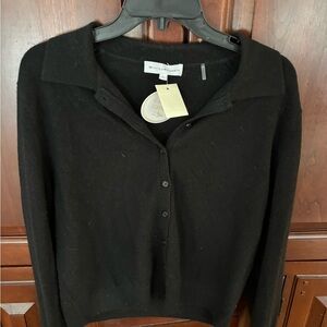 White + Warren Classic Black Polo Collar Cardigan